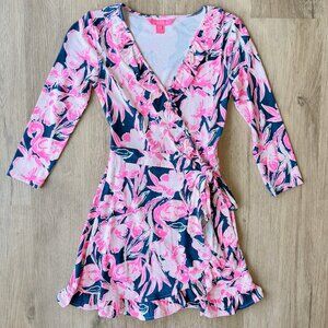 Lilly Pulitzer Jessalynne Wrap Floral Flamingo Print ROMPER XXS